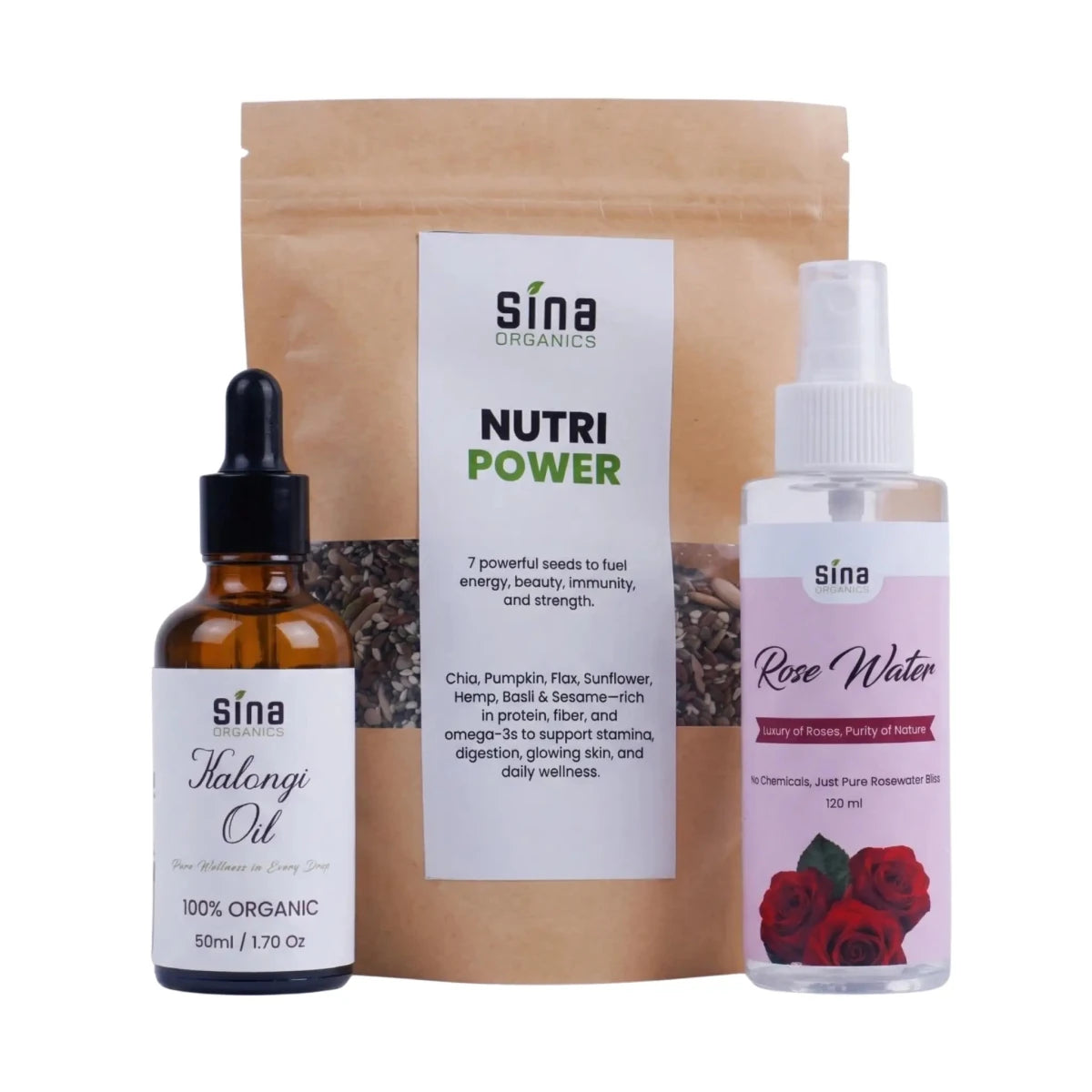 Eid Wellness Bundle — Kalonji Oil, Nutri Power Seeds & Rose Water | Sina Organics - Sina Organics